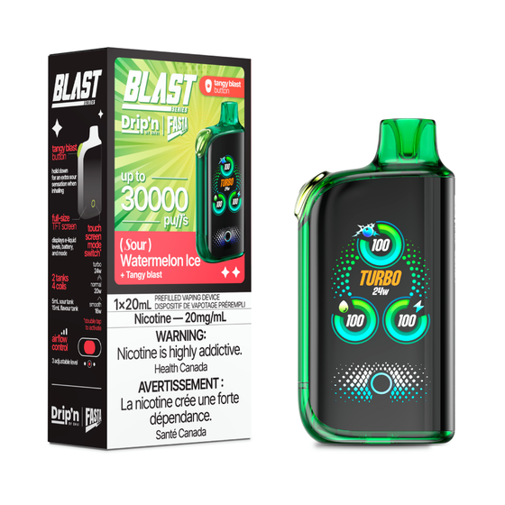 DRIP'N Fasta Blast 30K, Triple Berry Ice flavour, adjustable cooling and airflow, delivers up to 30,000 puffs for long-lasting satisfaction, ideal for Ontario and Quebec vapers.