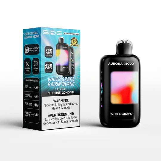 SKE AURORA 45K White Grape flavour disposable vape, 45,000 puffs capacity, advanced dual mesh coil, long-lasting 850mAh battery, ideal for Ontario and Quebec vapers