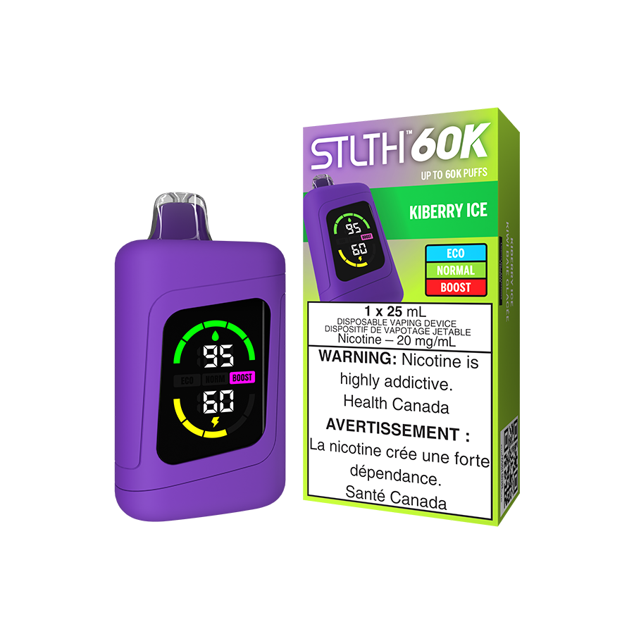 STLTH 60K, Kiberry Ice flavour, with reliable battery indicator and quick USB-C recharge, premium vaping device for Ontario and Quebec customers.