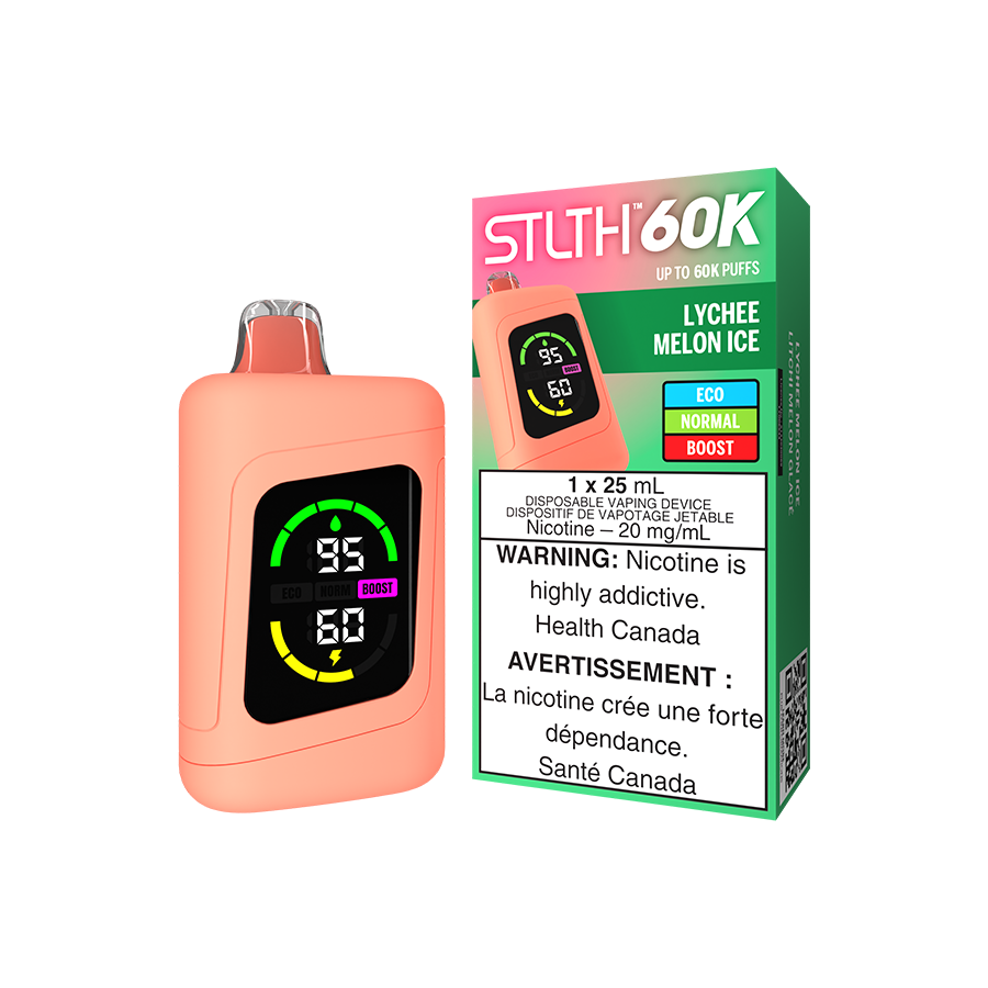 STLTH 60K Disposable vape, Lychee Melon Ice flavour, featuring a large screen and USB Type-C fast charging for smooth vaping experience, ideal for Ontario and Quebec vapers.