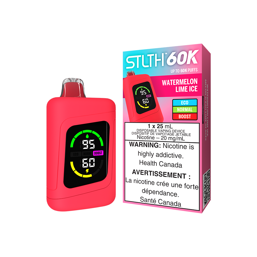 STLTH 60K, Watermelon Lime Ice flavour, refreshing and smooth nicotine delivery, convenient and long-lasting vaping device, designed for Ontario and Quebec users.
