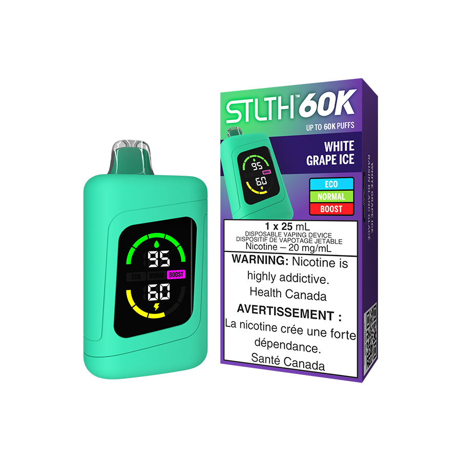 STLTH 60K White Grape Ice flavour disposable vape with enhanced screen display and USB-C recharge, designed for Ontario and Quebec vapers.