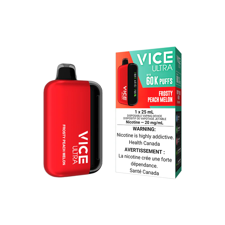 VICE Ultra Frosty Peach Melon flavor, 60,000 puffs, adjustable airflow, rechargeable battery, premium vaping device for Ontario and Quebec users.