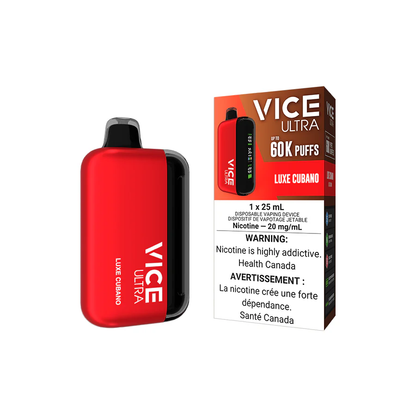 VICE Ultra, Luxe Cubano flavour, customizable output modes, rechargeable battery, premium vaping device, designed for Ontario and Quebec users.