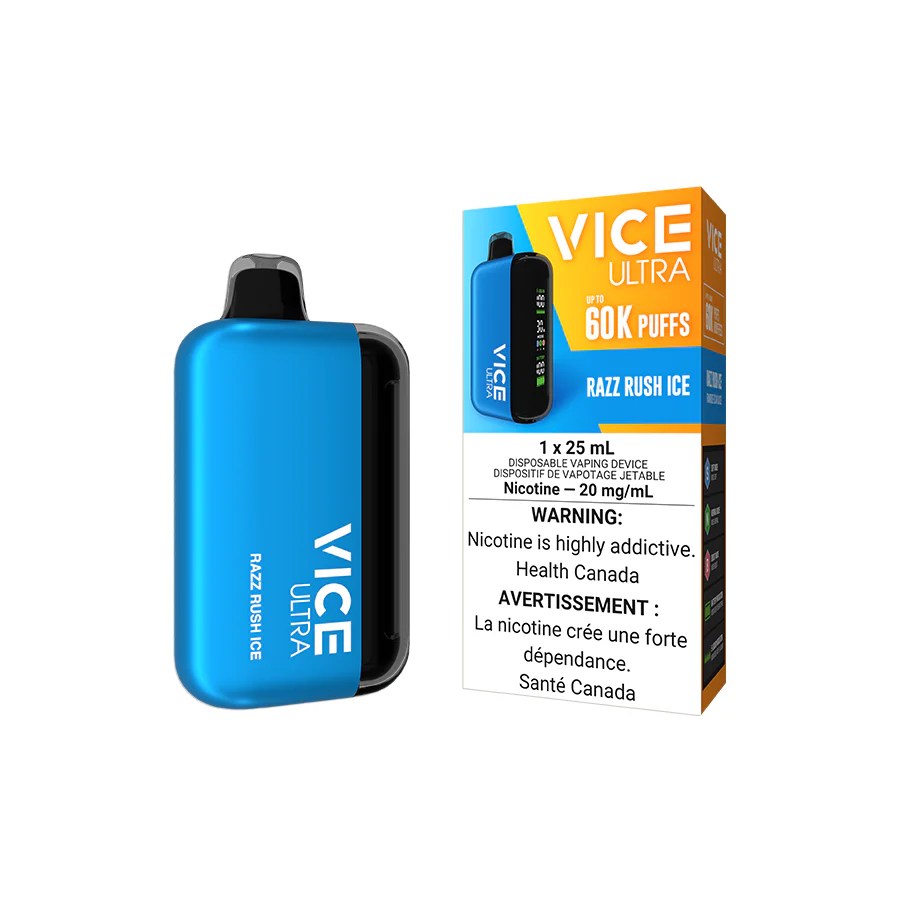 VICE Ultra, Razz Rush Ice flavour, adjustable airflow and three power modes for a robust and tailored vaping experience, ideal for Ontario and Quebec users.