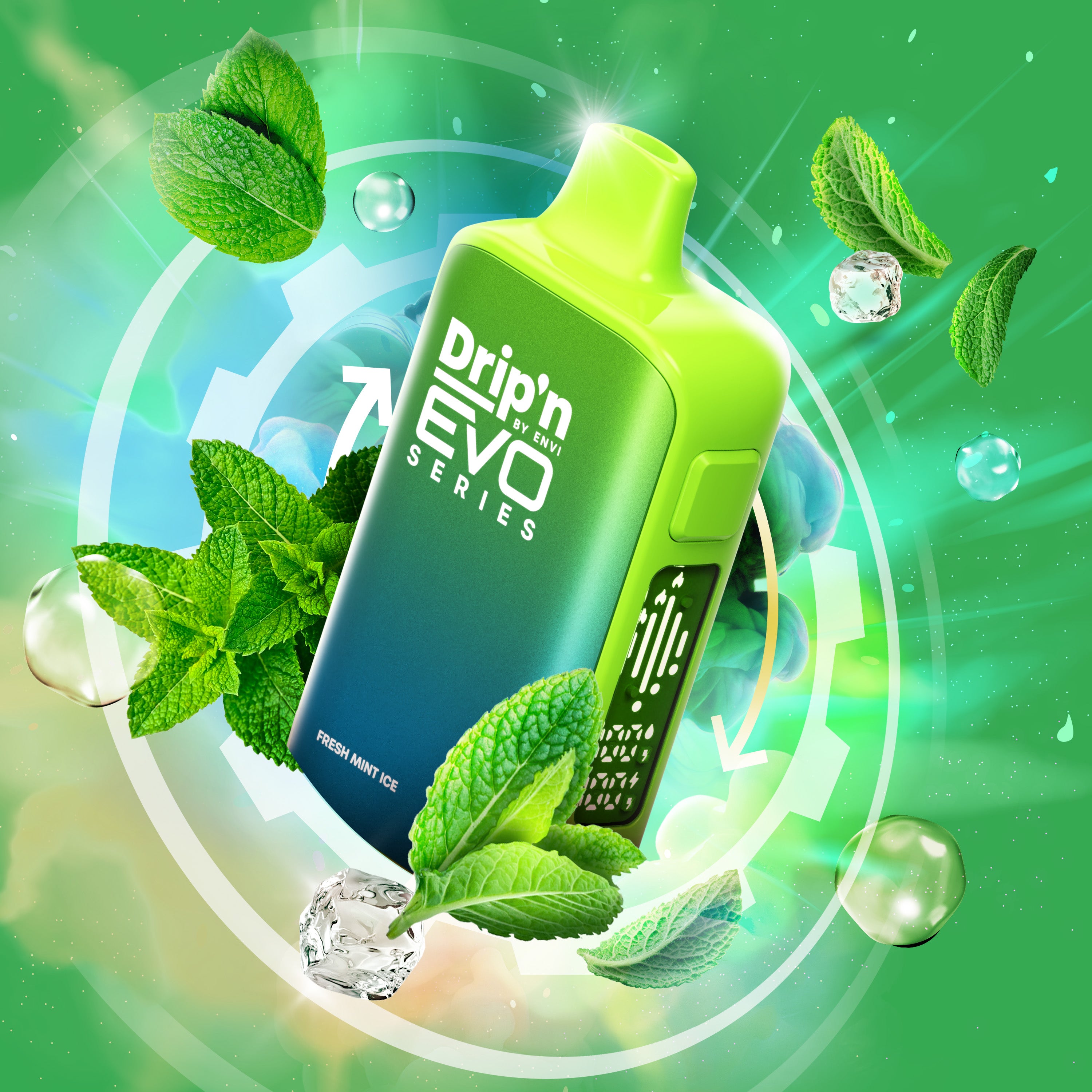 Dripn EVO 63K 20mg Fresh Mint Ice vape device with mint leaves and ice cubes on a green background