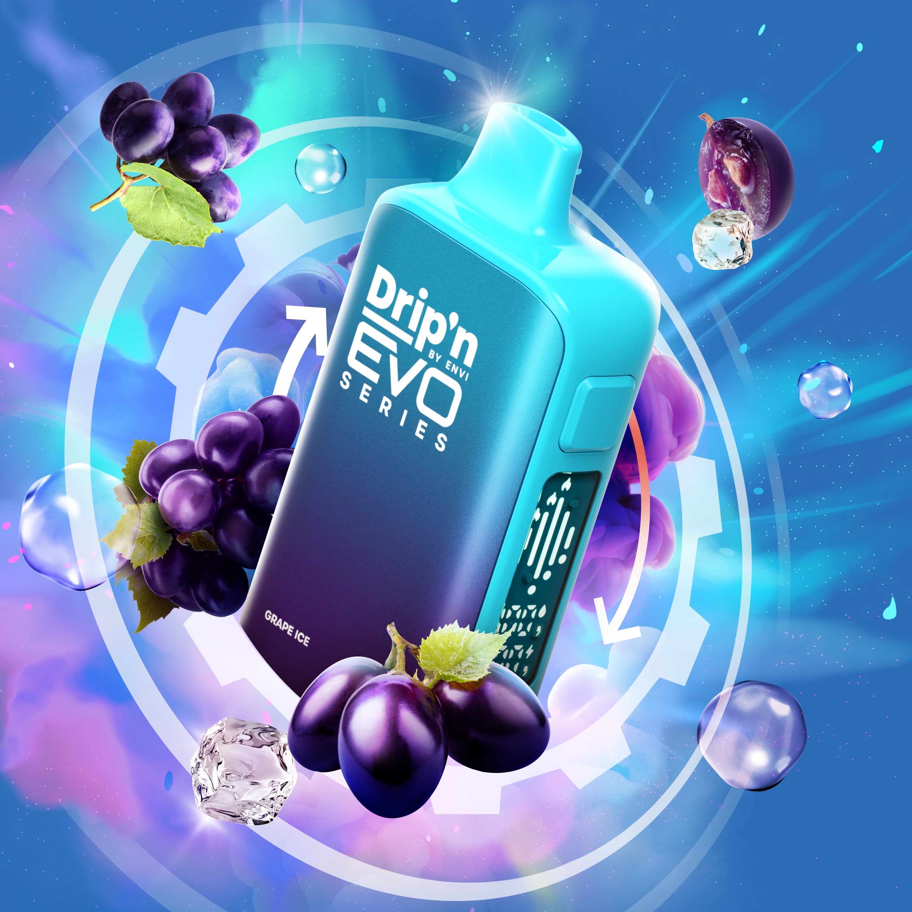 Dripn EVO 63K 20mg Grape Ice Drip'n EVO Series vape device surrounded by grapes and water droplets on a vibrant background