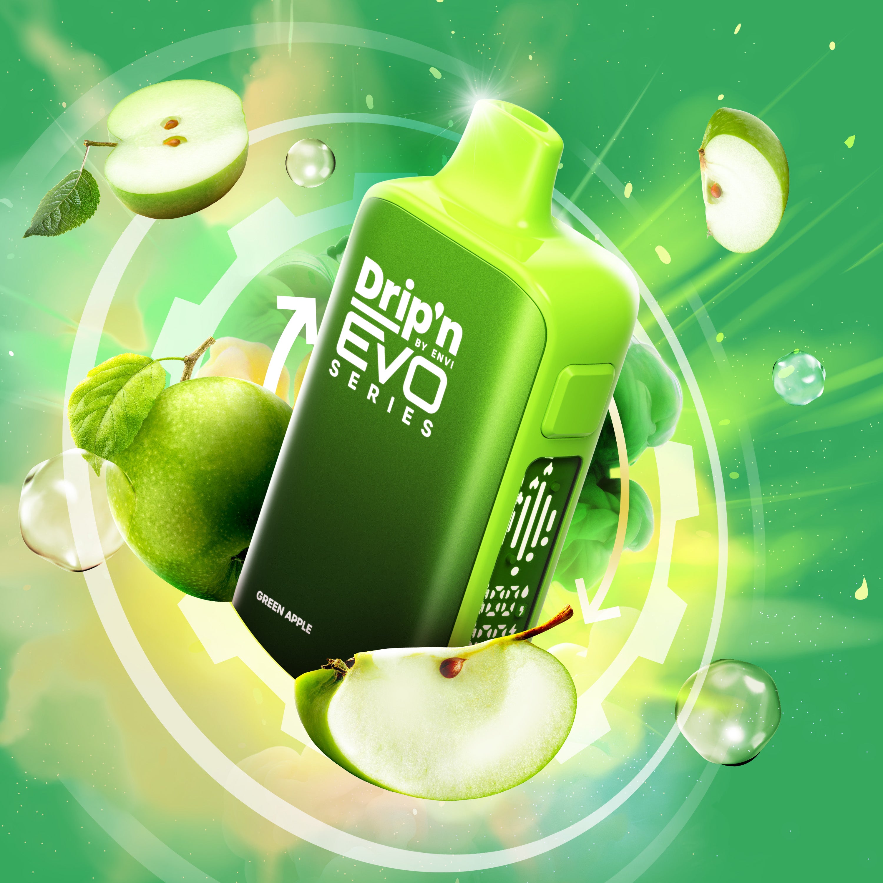 Green Apple Drip'n  evo 63K vape device with 'Drip'n Evo Series' branding surrounded by green apples on a green background