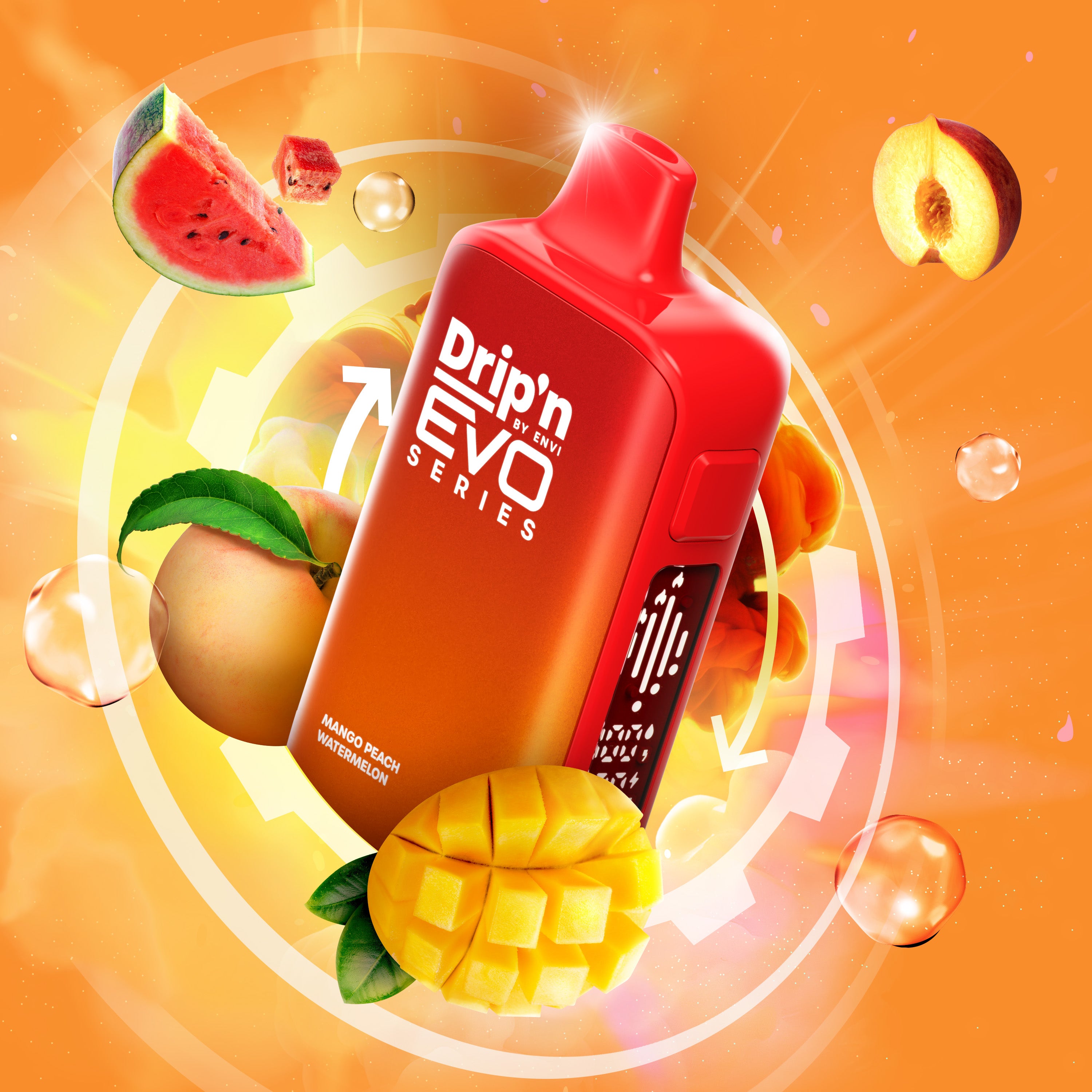 Dripn EVO 63K 20mg Mango Peach Watermelon 'Drip'n Evo' vape device with fruit graphics on an orange background