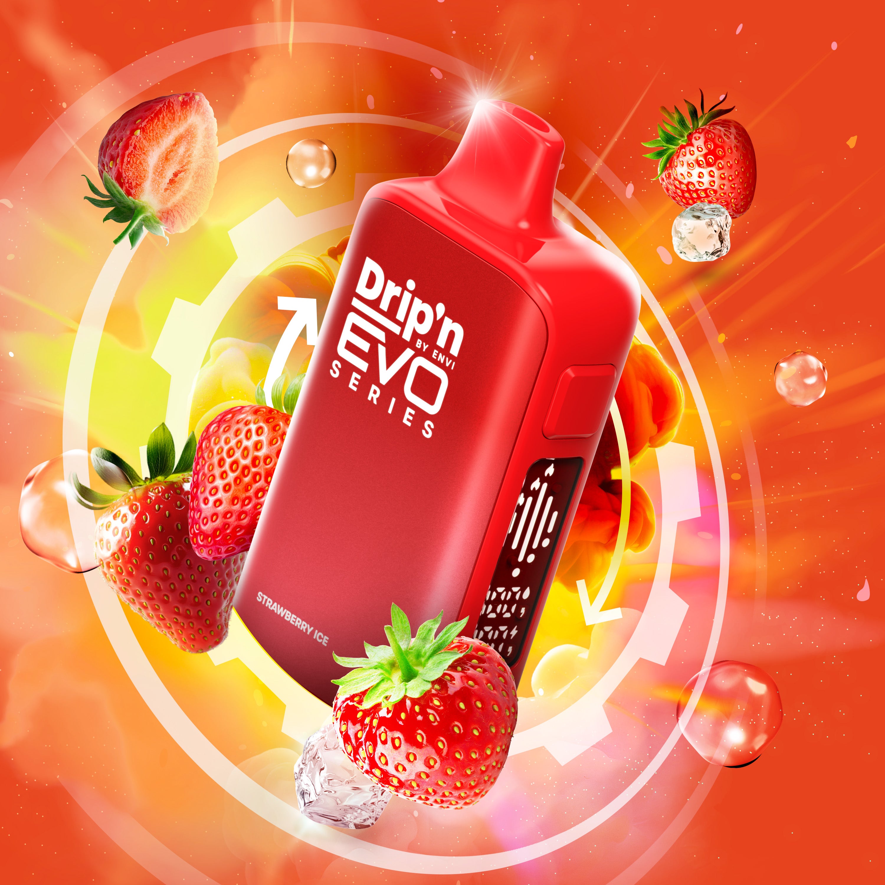 Dripn EVO 63K 20mg Strawberry Ice vape device with strawberries on a vibrant orange background