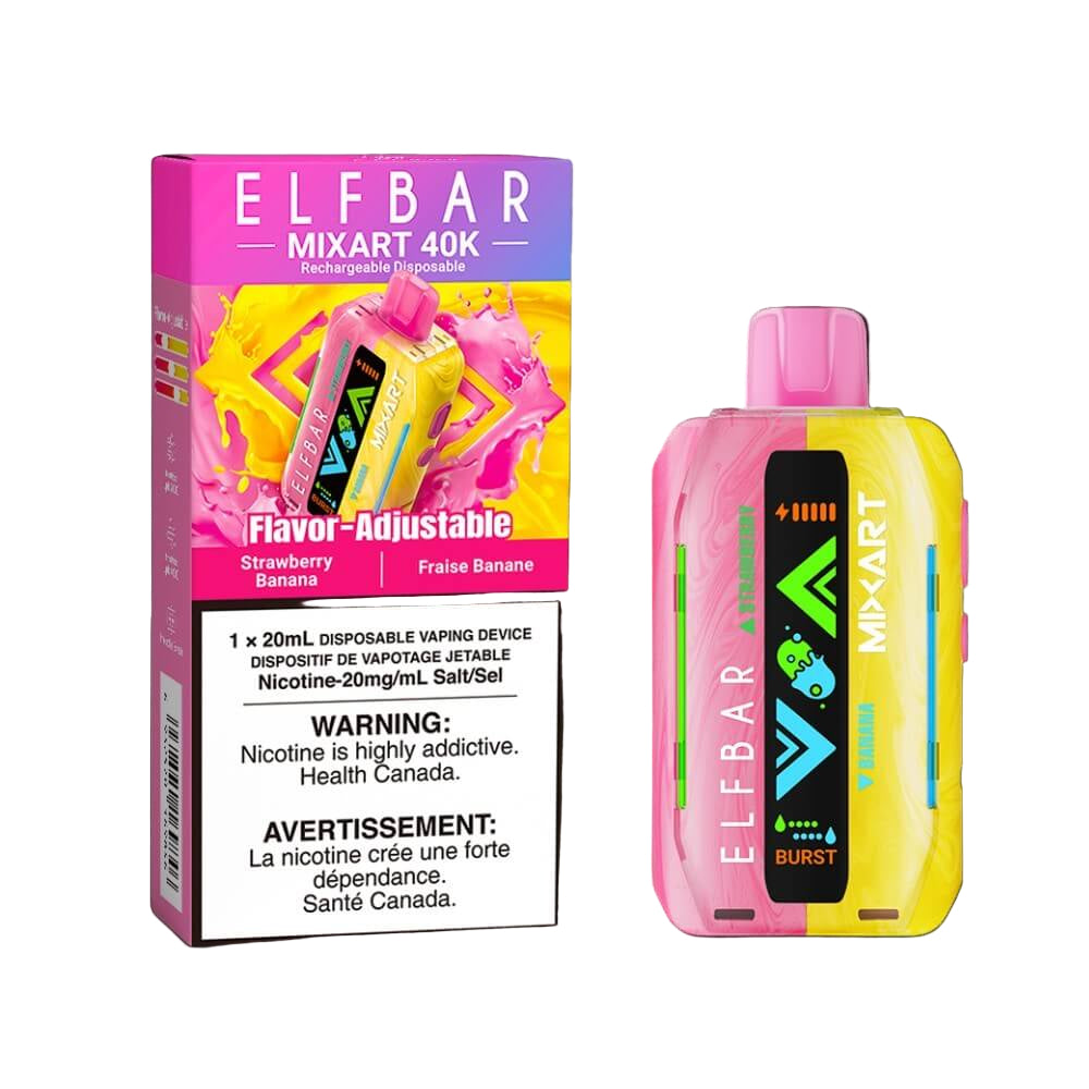 Elf Bar MixArt 40K Disposable Vape, Strawberry Banana flavour with 20mg/mL nicotine strength, features two adjustable power modes for a smooth or bold vaping experience, perfect for Ontario and Quebec vapers.