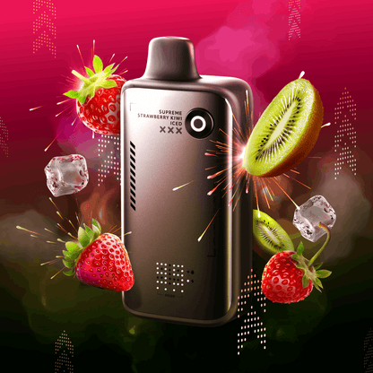 Flavor Beast ALPHA 20mg Supreme Strawberry Kiwi Iced with strawberry, kiwi, and ice elements on a vibrant background