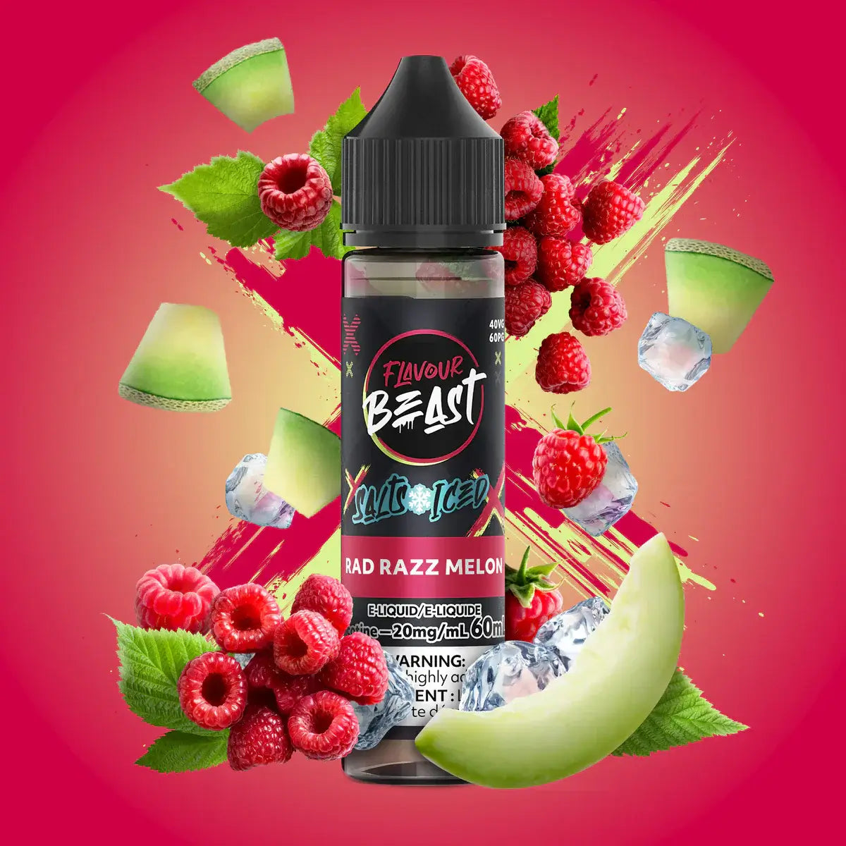 Flavour Beast E-Liquid - Salt Iced 60mL, Ragin' Razz Mango flavour, 20 mg/mL nicotine strength, bold and smooth intense hit, designed for Ontario and Quebec vape enthusiasts.