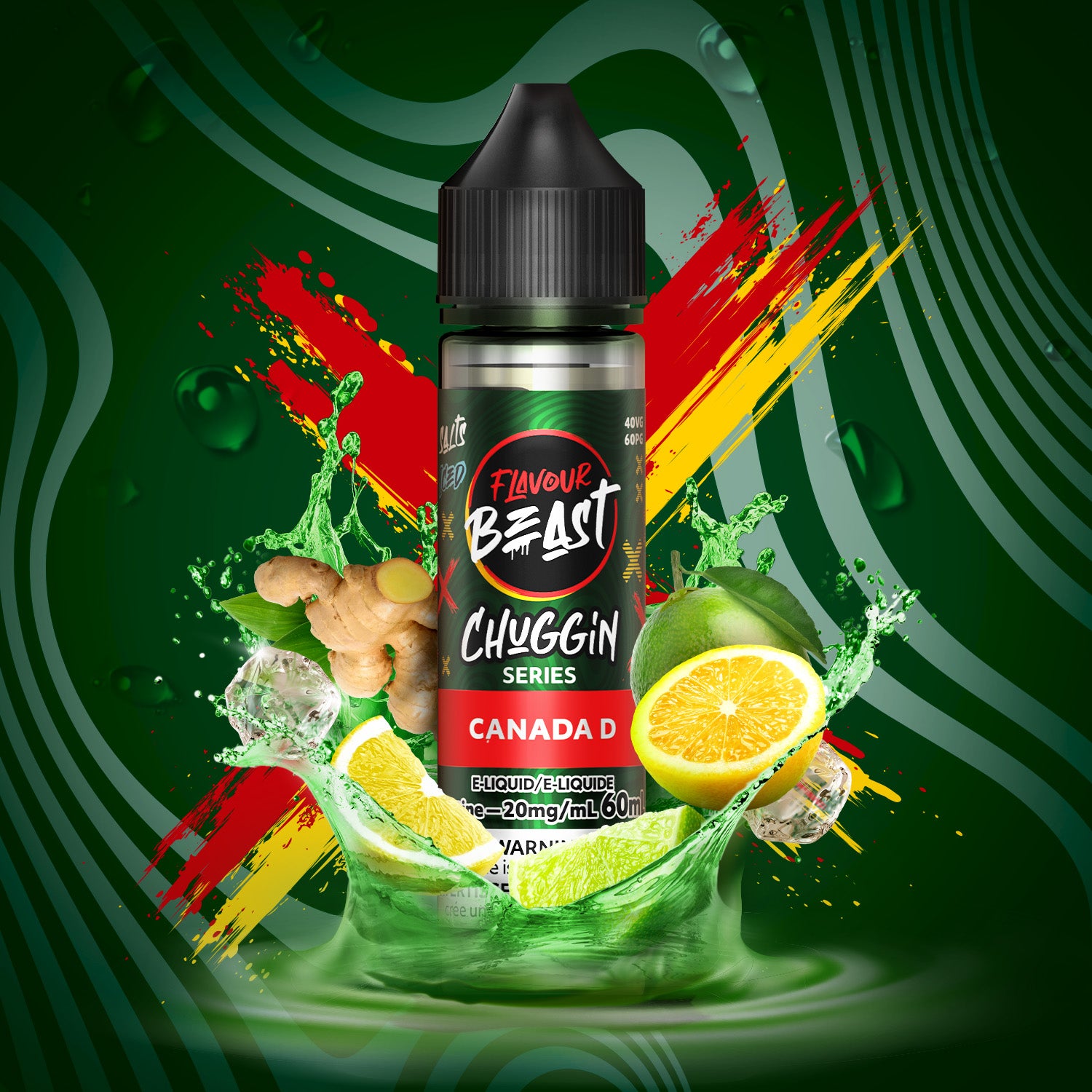 Flavour Beast Chuggin' Series vape juice bottle with colorful splashes and fruits on a green background