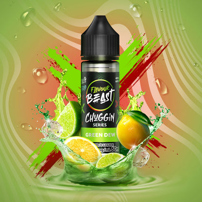 Flavour Beast Chuggin' Green Dew vape juice bottle with fruit graphics on a colorful background