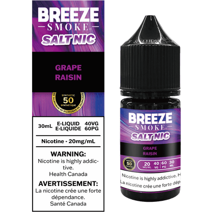 Breeze Smoke Salt Nic grape raisin e-liquid bottle and packaging on a white background