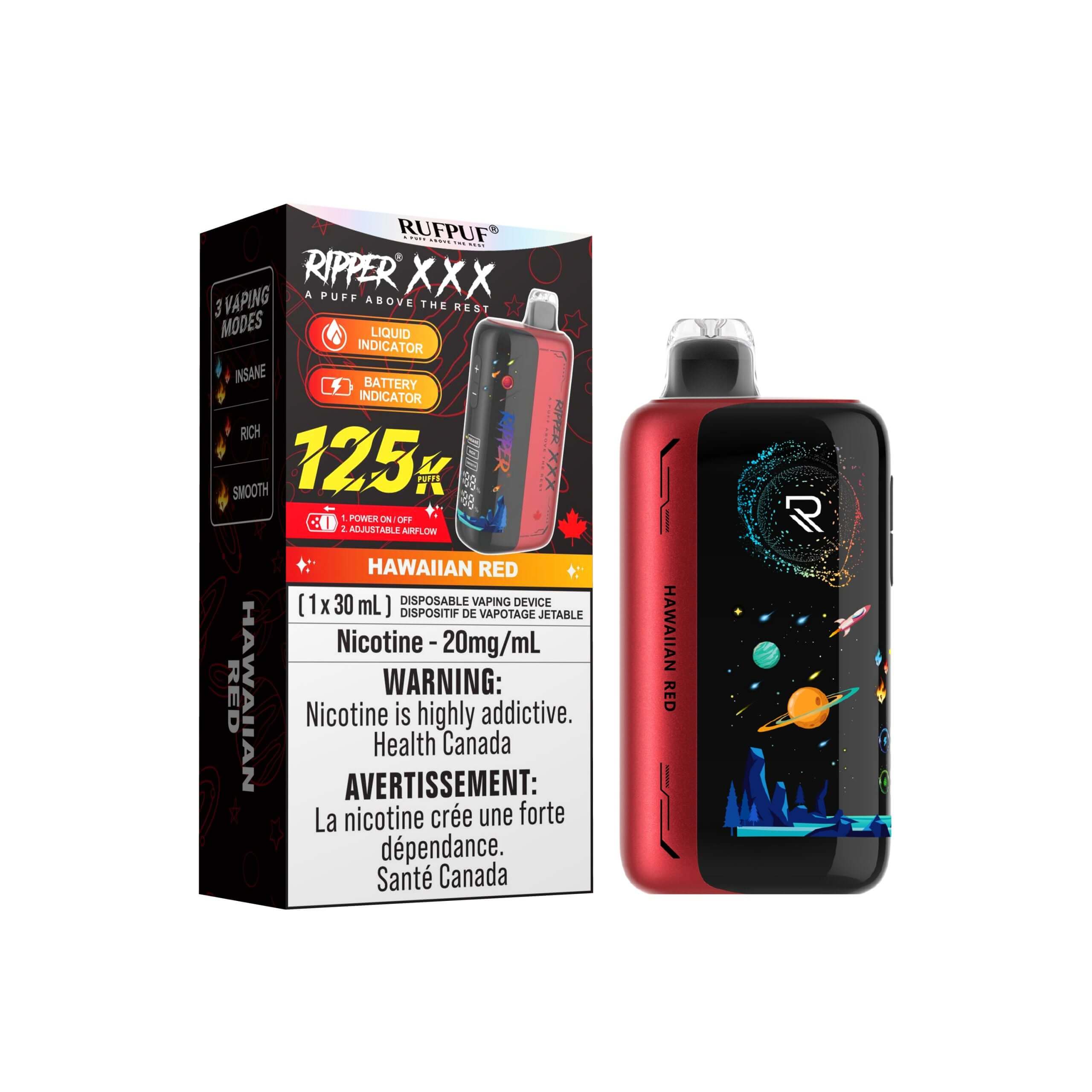 Ripper XXX 125K Disposable Vape - RufPuf in Hawaiian Red with 125,000 puffs and 30mL e-liquid capacity.