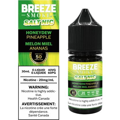 Breeze Smoke Salt Nic bottle and packaging with honeydew pineapple melon flavor on a white background