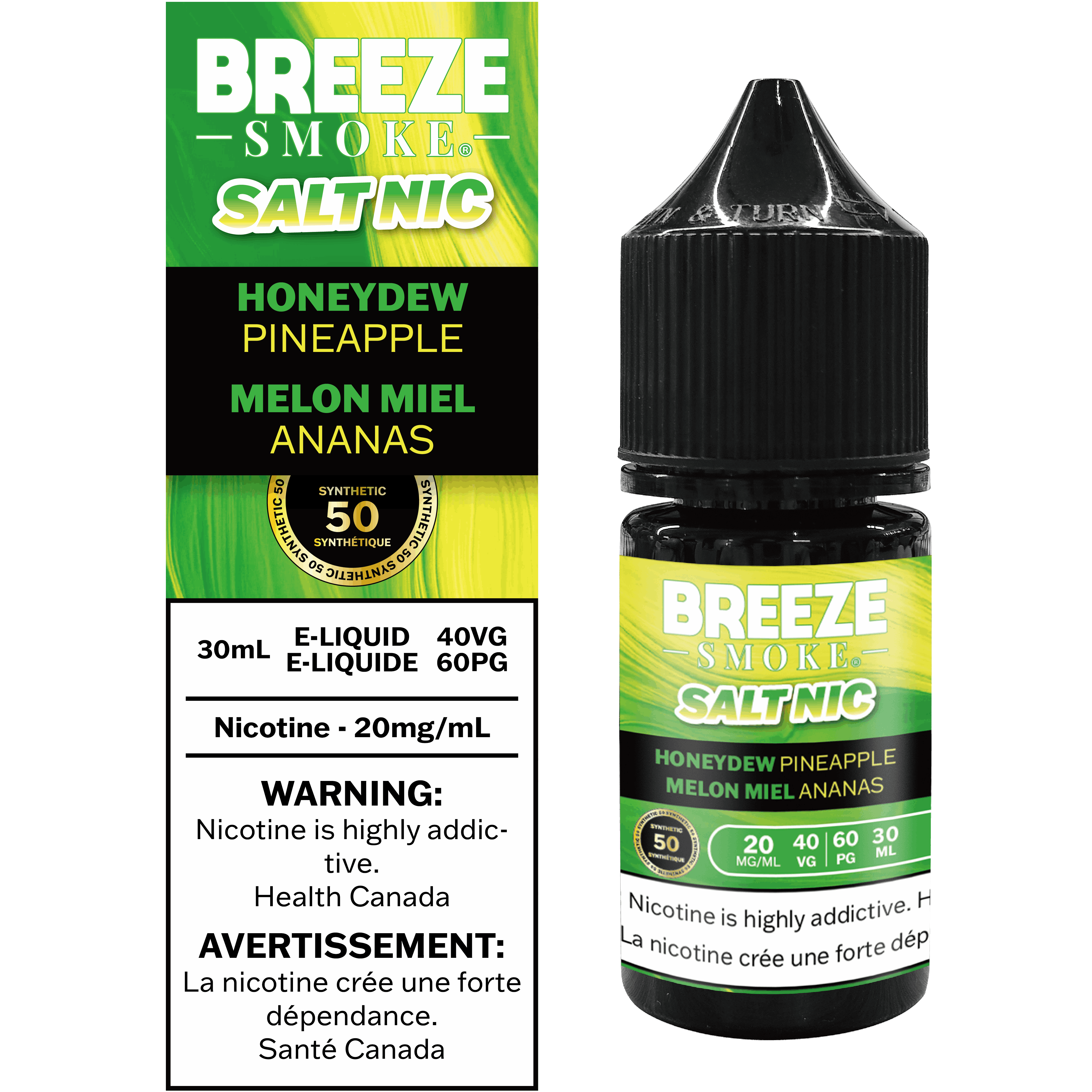 Breeze Smoke Salt Nic bottle and packaging with honeydew pineapple melon flavor on a white background