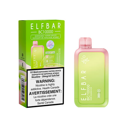 Elf Bar disposable vaping device packaging with green and pink design on a white background. Elf Bar BC10K Kiwi Guava Ice