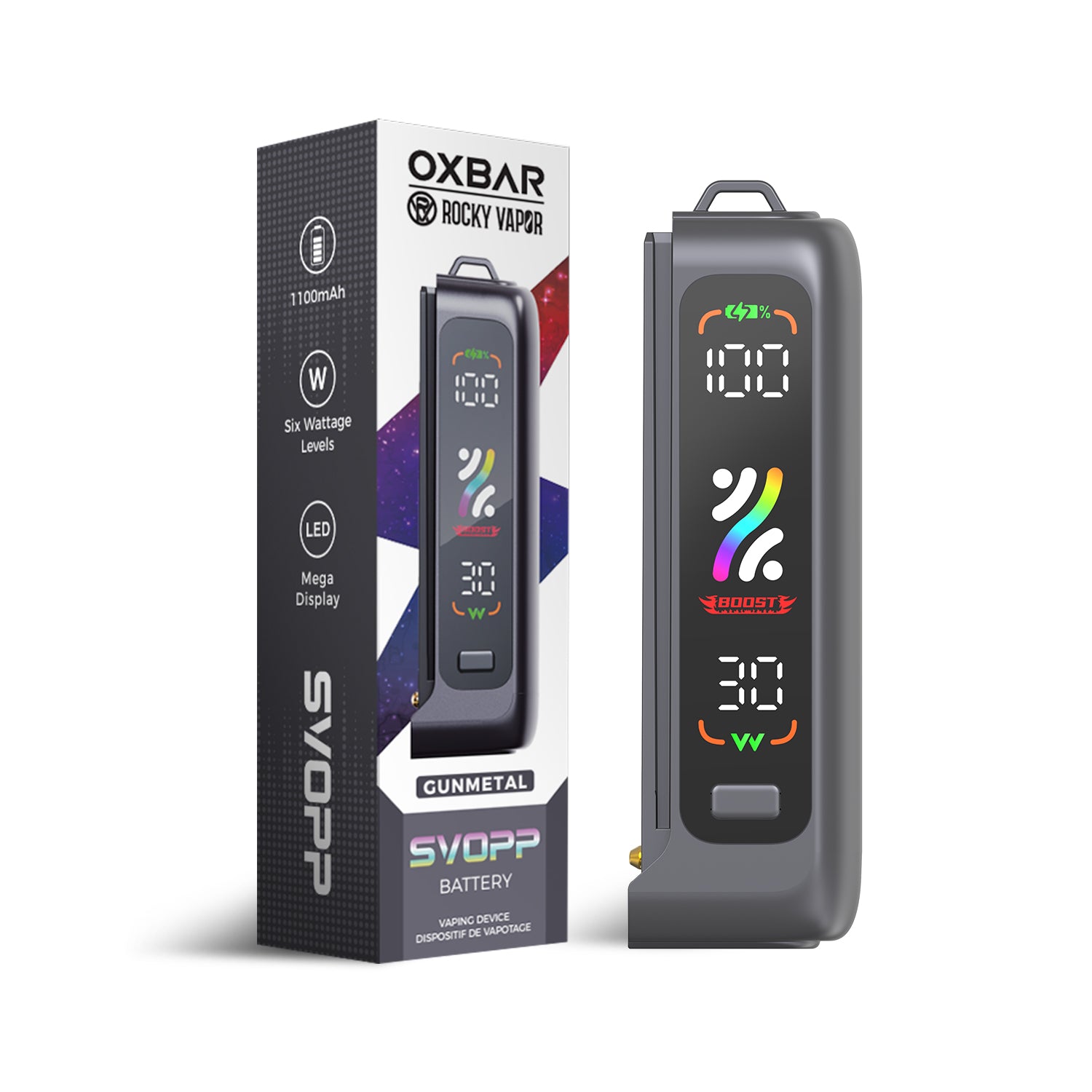 OXBAR Rocky Vapor SVOPP Device, Black, sleek design with adjustable wattage and dual mesh coil technology for premium flavor, ideal for vapers in Ontario and Quebec.