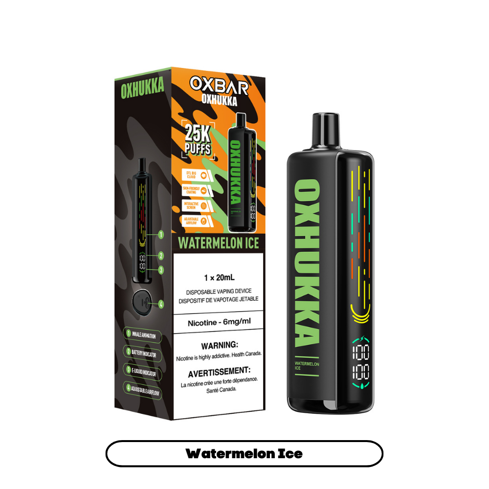 OXBAR Oxhukka disposable vape, BBG flavor, 20mL e-liquid with skin-friendly coating, long-lasting up to 25,000 puffs, premium vaping satisfaction for Ontario and Quebec users.