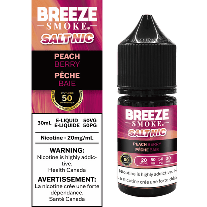 Breeze Smoke Salt Nic peach berry e-liquid bottle and packaging on a white background