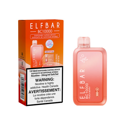 ELF BAR disposable vaping device packaging with warning label on a white background. Elf Bar BC10K  Peach Berry