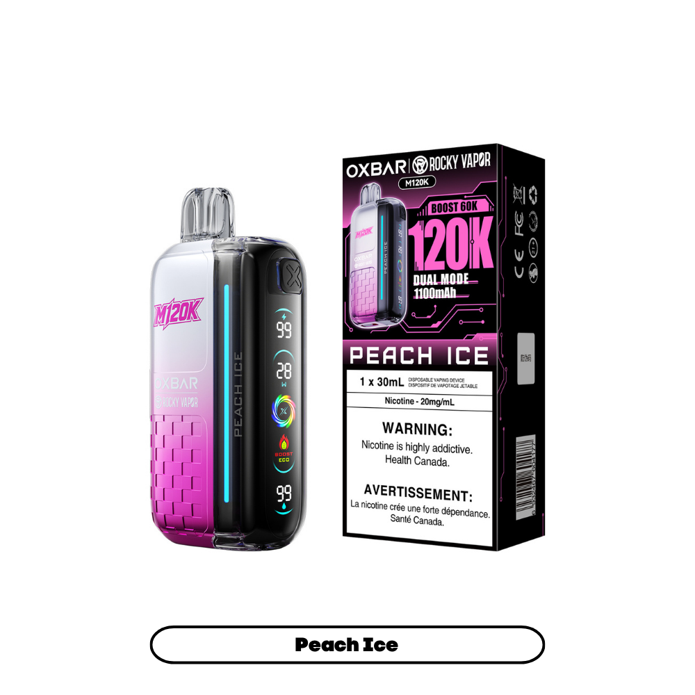 Rocky Vapor Oxbar M120K Disposable Vape in Peach Ice flavour | Supa Vapes Canada