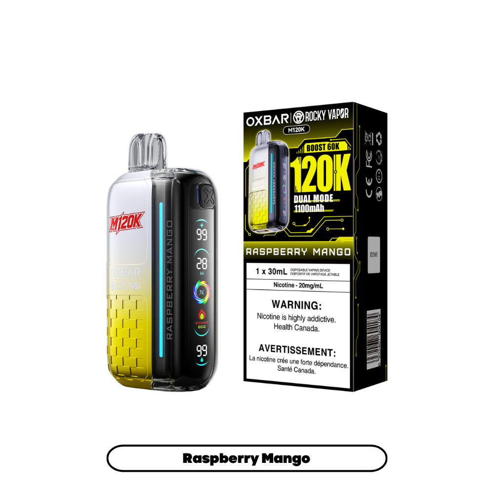 Rocky Vapor Oxbar M120K Disposable Vape in Raspberry Mango flavour | Supa Vapes Canada