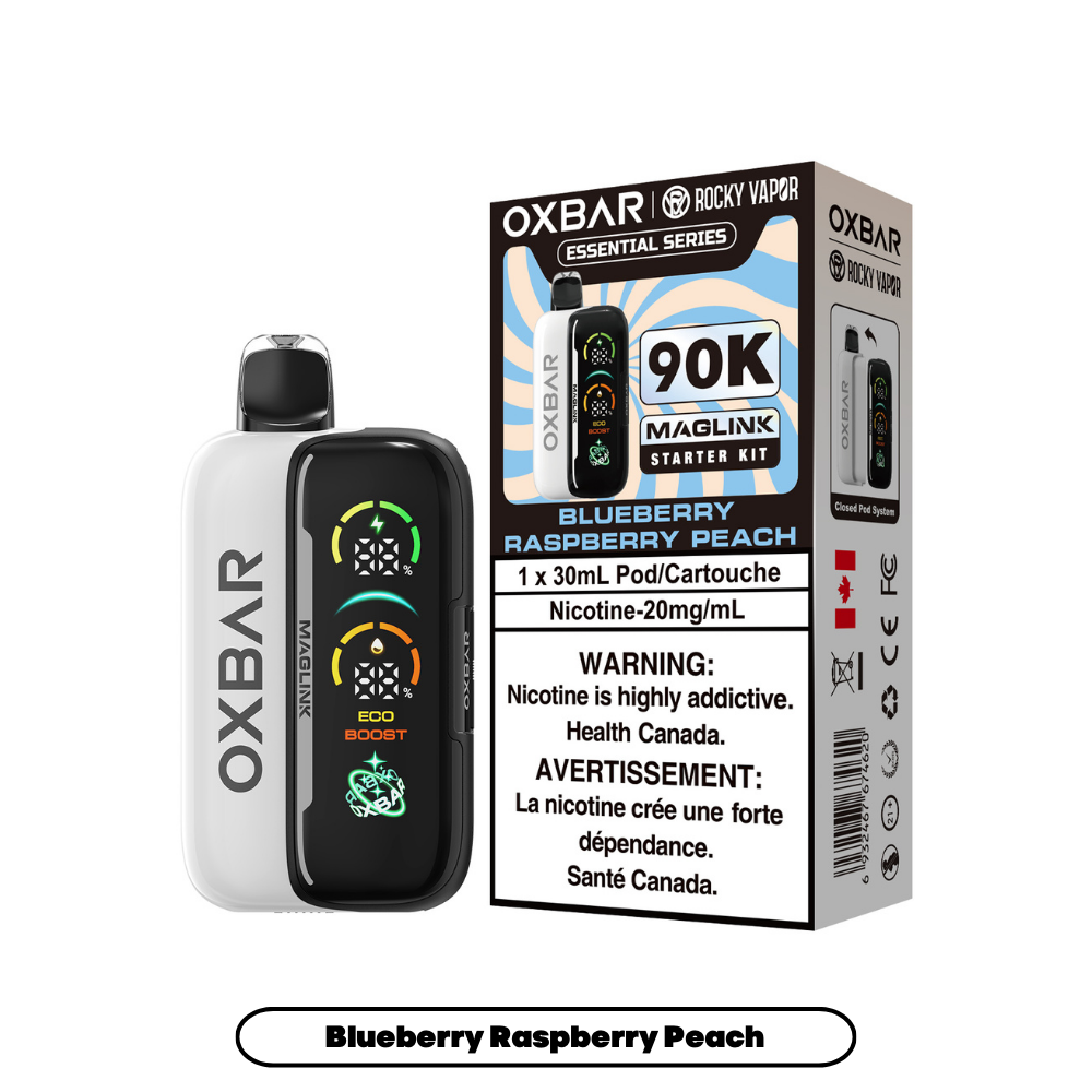 Rocky Vapor Oxbar Megalink Blueberry Raspberry Peach 90K on White Background