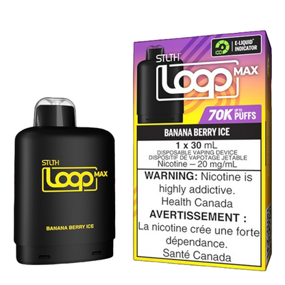 STLTH Loop MAX, Banana Berry Ice flavour, smooth vaping experience with dual modes and adjustable airflow, designed for Ontario and Quebec customers.
