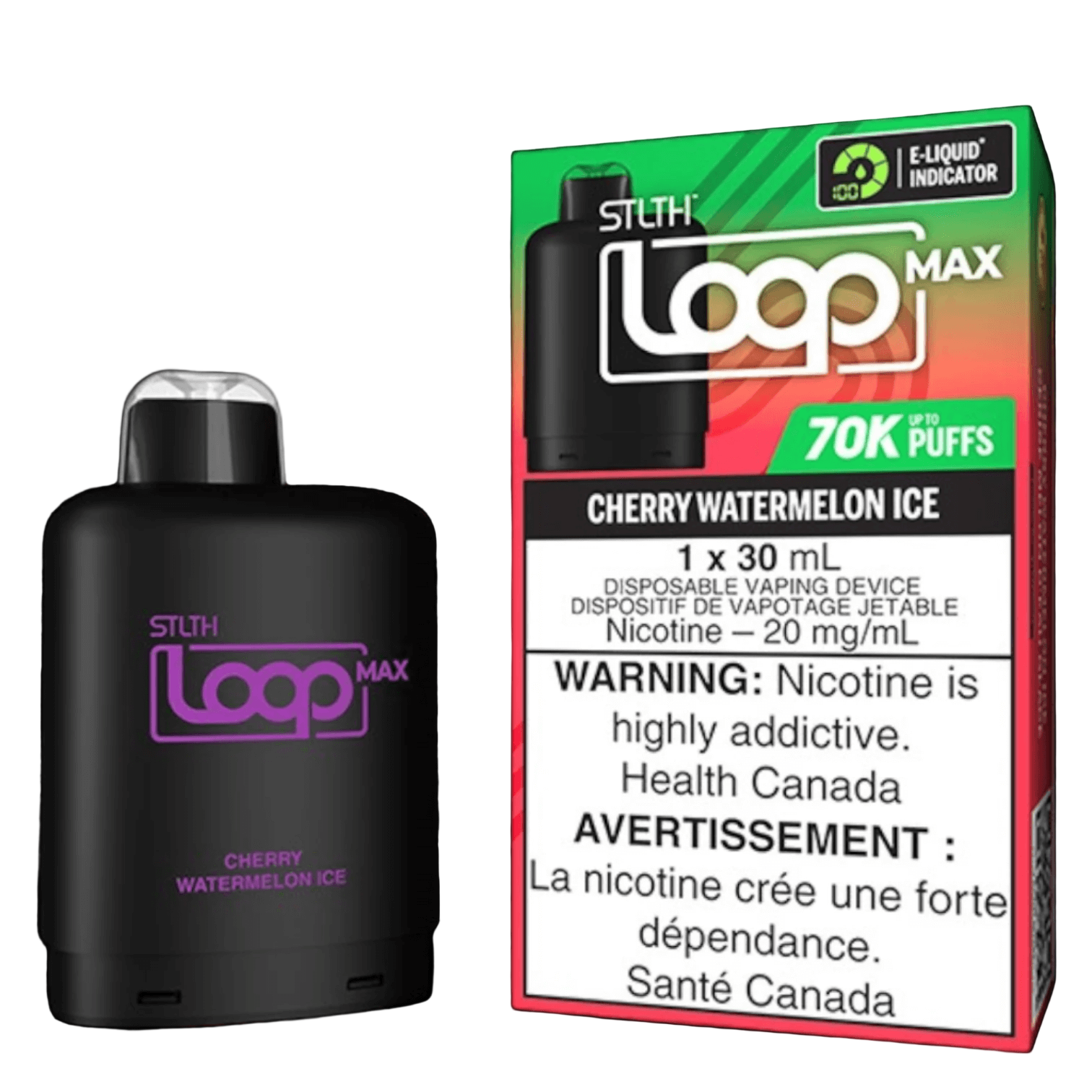 STLTH Loop MAX, Cherry Watermelon Ice flavour, smooth and refreshing vaping experience with balanced nicotine strength, designed for Ontario and Quebec vapers.
