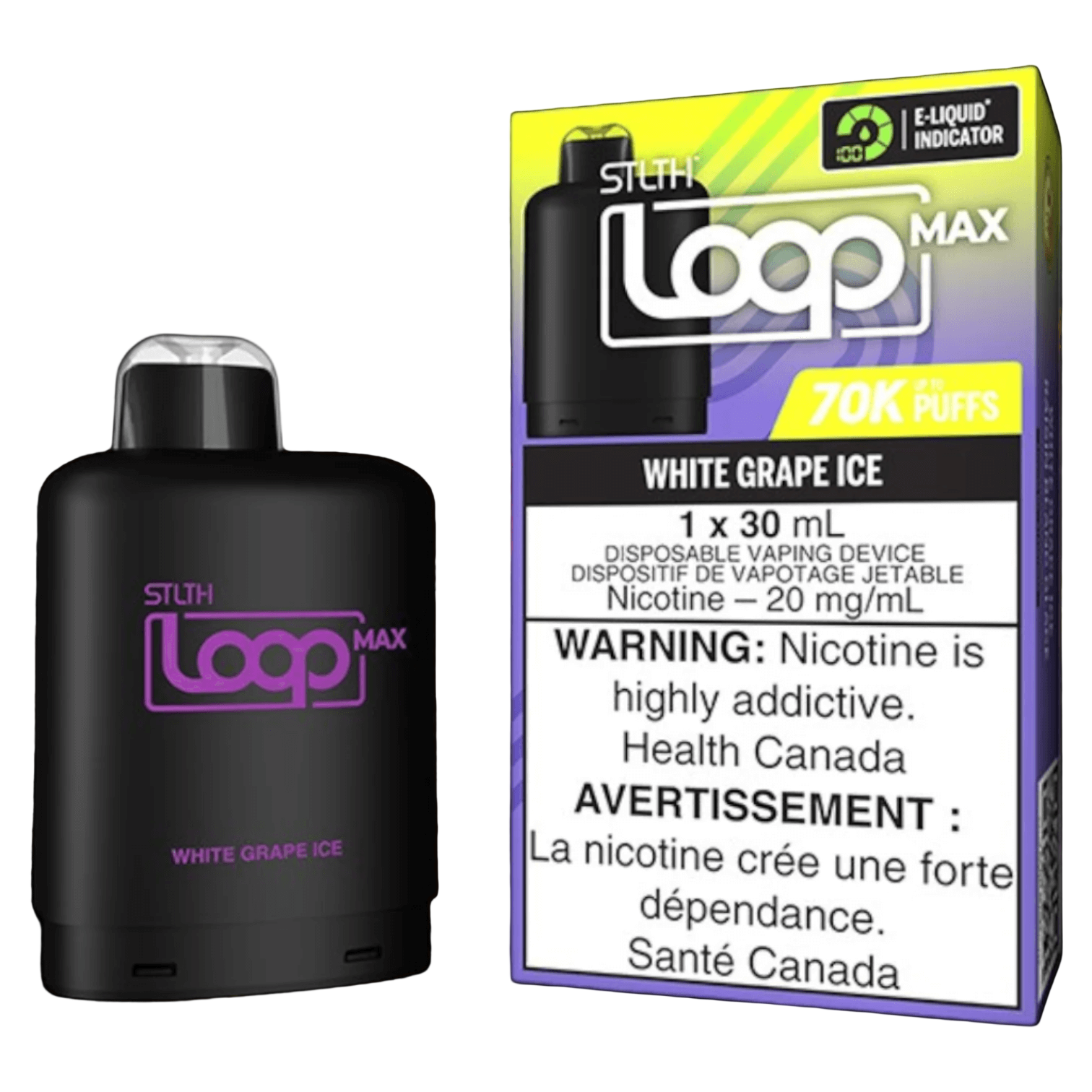 STLTH Loop MAX, White Grape Ice flavour, smooth nicotine delivery, premium vaping experience for Ontario and Quebec vapers.