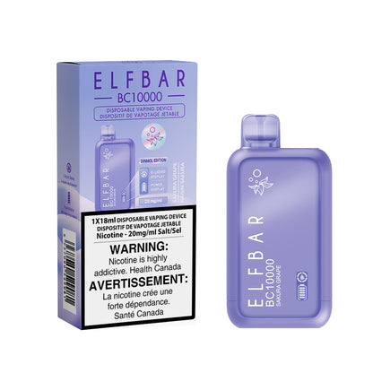 ELF BAR disposable vaping device packaging with warning label on a white background. Elf Bar BC 10K Sakura Grape