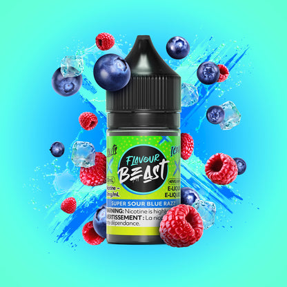 Flavour Beast E-Liquid Salt, Super Sour Blueberry Iced flavour, 30mL bottle with 20mg nicotine salt, intense flavor and smooth throat hit, perfect for vapers in Ontario and Quebec.