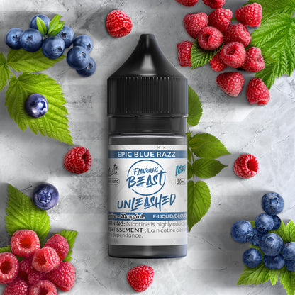 Flavour Beast Unleashed E-Liquid, Epic Blue Razz Ice flavour with salt nicotine, pungent and long-lasting fruity vape experience, popular in Ontario and Quebec.
