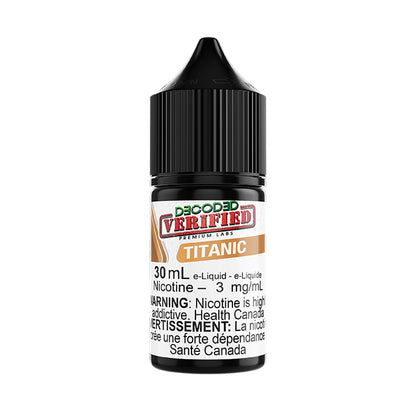 DECODED Verified - Salt Nic, Titanic flavour vape juice with bold espresso latte and pralines, 2% salt nicotine strength for smooth vaping, ideal for Ontario and Quebec vapers.