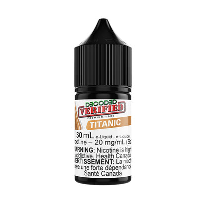 DECODED Verified - Salt Nic, Titanic flavour - smooth espresso latte with pralines, 1.2% nicotine strength, rich and creamy vape experience, ideal for Ontario and Quebec vapers.