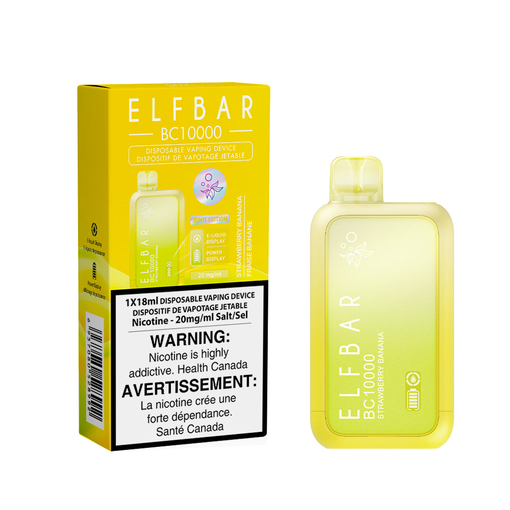 Yellow ELF BAR vaping device packaging with warning label on a white background. Elf Bar BC10K 18ml Strawberry Banana