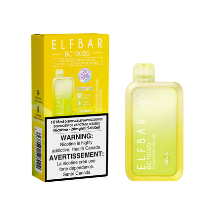Yellow ELF BAR vaping device packaging with warning label on a white background. Elf Bar BC10K 18ml Strawberry Banana