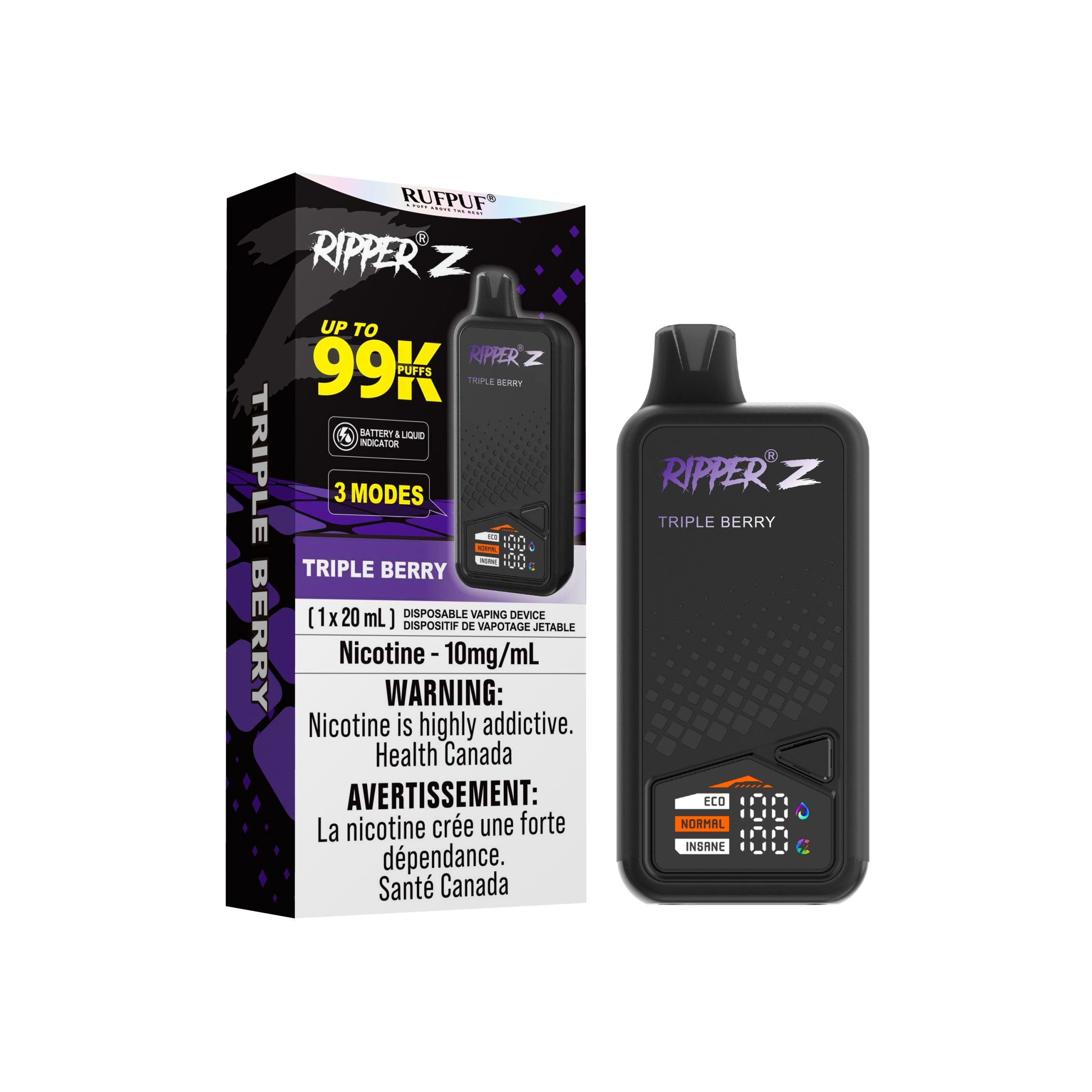 Ripper Z - 99K Disposable Vape with Tripple Berry Blast flavor, featuring adjustable modes and 20ml capacity and 10mg nicotine.