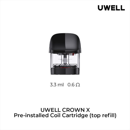 UWELL Crown X pre-installed coil cartridge on a white background