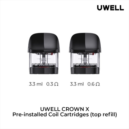 Two UWELL Crown X pre-installed coil cartridges on a white background with specifications displayed.
