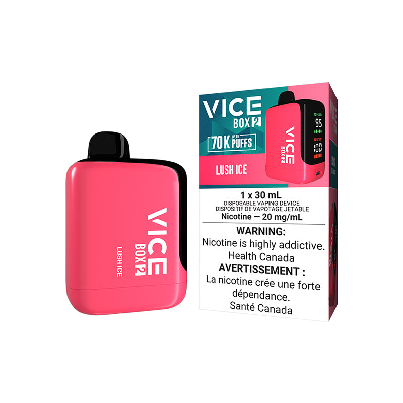 VICE Box 2, Strawberry Kiwi Ice flavour, USB-C rechargeable, adjustable airflow, up to 70,000 puffs, high-performance vape device ideal for Ontario and Quebec vapers seeking maximum taste and longevity.
