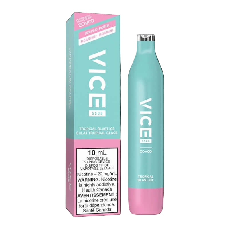 Vice 5500 Tropical Blast disposable vape, 20mg nicotine strength, up to 5500 puffs, tropical flavour, clearance sale, designed for Ontario and Quebec vapers.