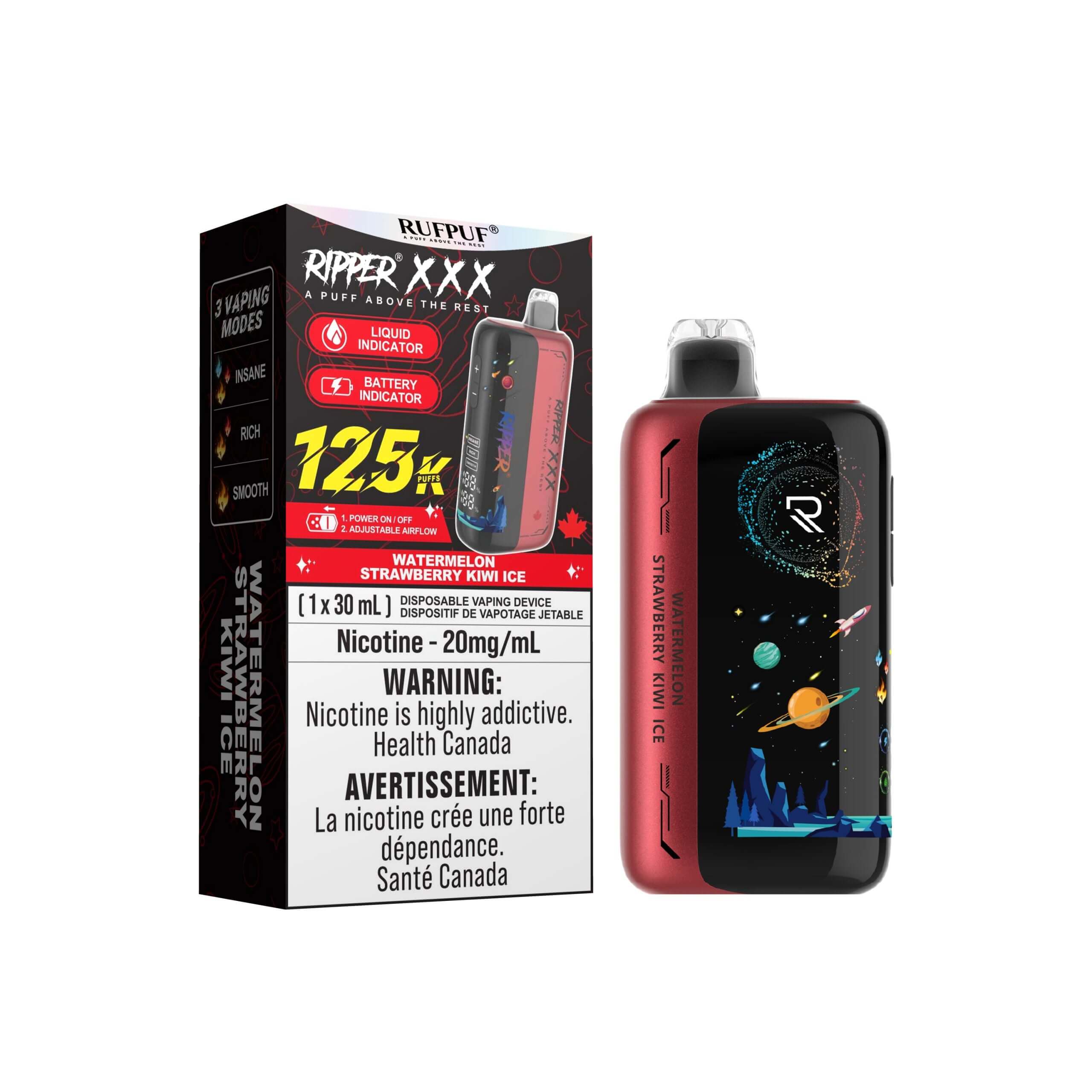 Ripper XXX 125K Disposable Vape packaging with device, featuring watermelon and kiwi ice flavor.