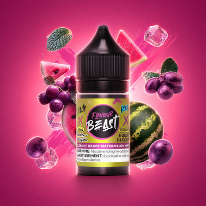 Flavour Beast Gleamin' Grape Watermelon Mint Iced 30mL salt nicotine e-liquid, 20mg/mL, grape and watermelon with mint and menthol finish, for refillable pod systems, available at Supa Vapes Canada.