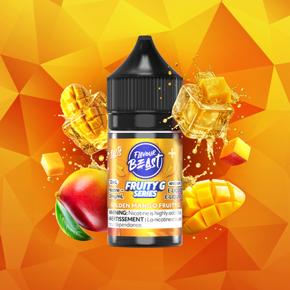 Flavour Beast Golden Mango Fruity G Series 30mL salt nicotine e-liquid, 20mg/mL, smooth mango flavour with rich fruit character, for refillable pod systems, available at Supa Vapes Canada.
