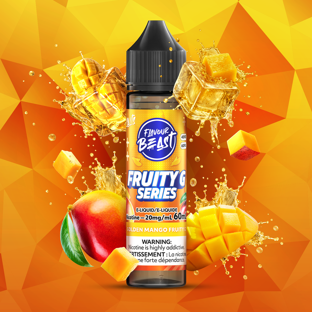 Flavour Beast Golden Mango Fruity G Series 60mL salt nicotine e-liquid, 20mg/mL, smooth mango flavour with rich fruit character, for refillable pod systems, available at Supa Vapes Canada.